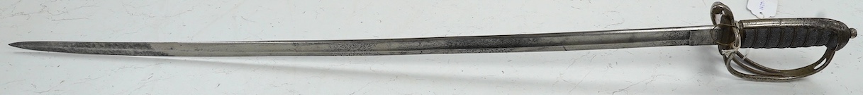 A Victorian Royal Artillery officer’s sword, regulation etched blade, regulation plated hilt, blade 88cm. Condition - fair, well worn
